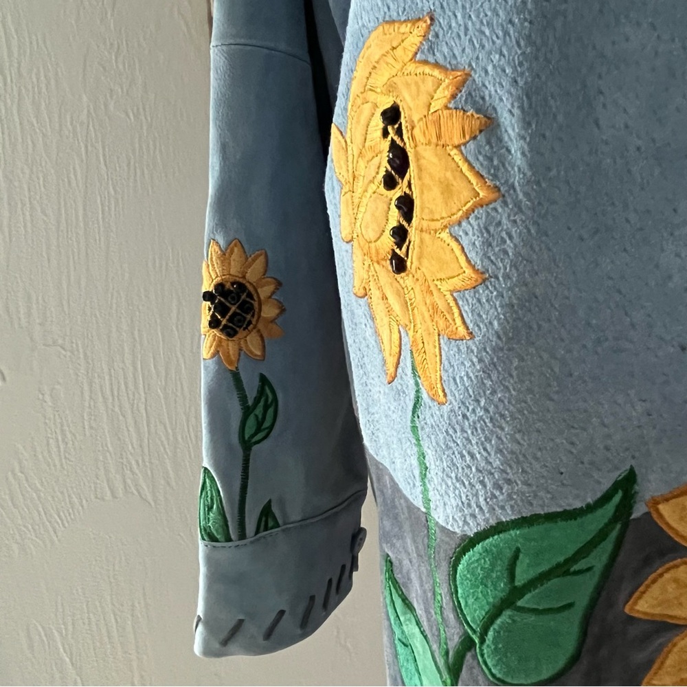 Suede Leather Barn Jacket L Blue Sunflowers Whipstitch Fall Boho Chore Quacker - Picture 8 of 16